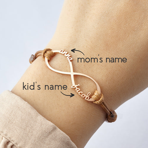 Personalized Mom Bracelet featuring kids names and infinity charm on a wrist